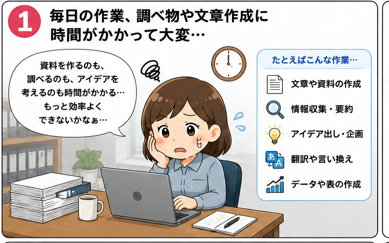ChatGPT漫画 1コマ目 毎日の文章作成や調べ物に時間がかかって困っている様子